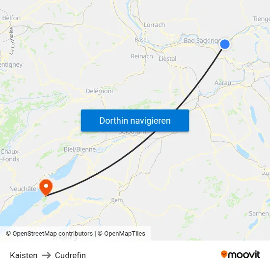 Kaisten to Cudrefin map