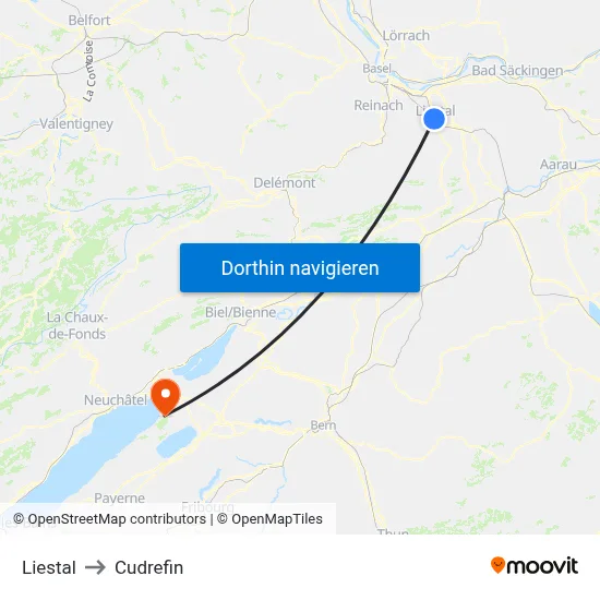 Liestal to Cudrefin map