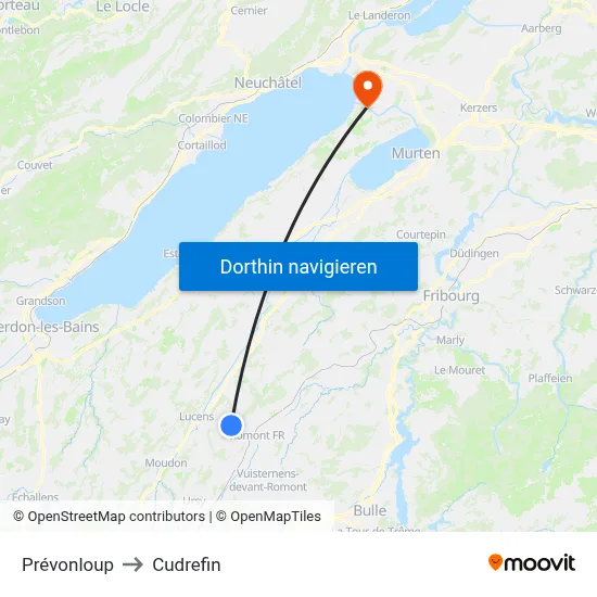 Prévonloup to Cudrefin map