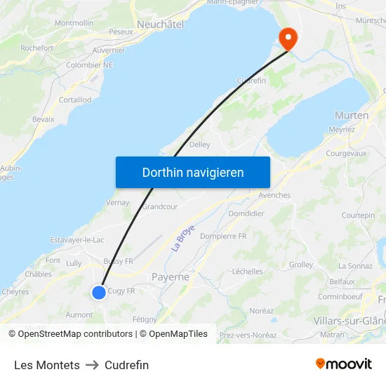 Les Montets to Cudrefin map