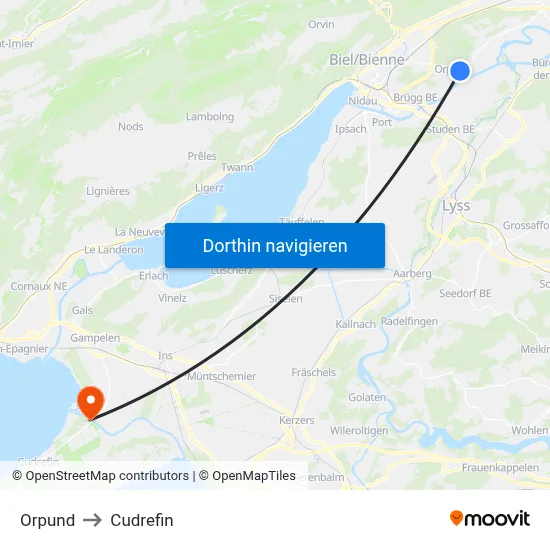 Orpund to Cudrefin map