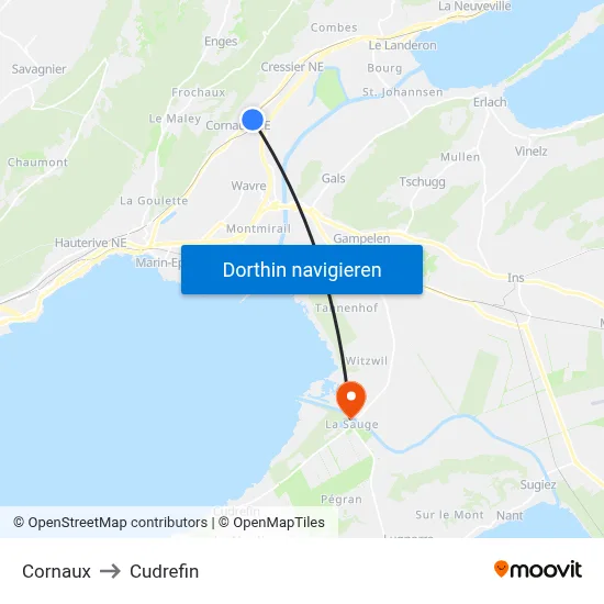 Cornaux to Cudrefin map
