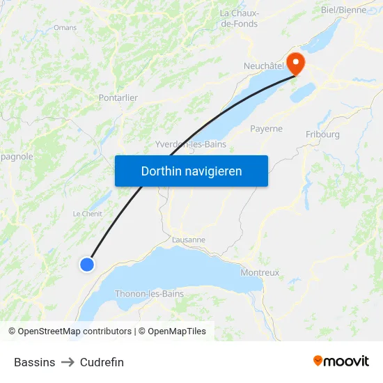 Bassins to Cudrefin map