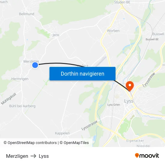 Merzligen to Lyss map