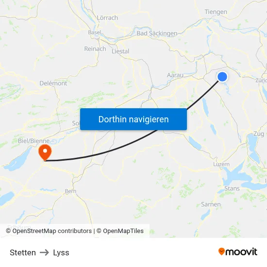 Stetten to Lyss map