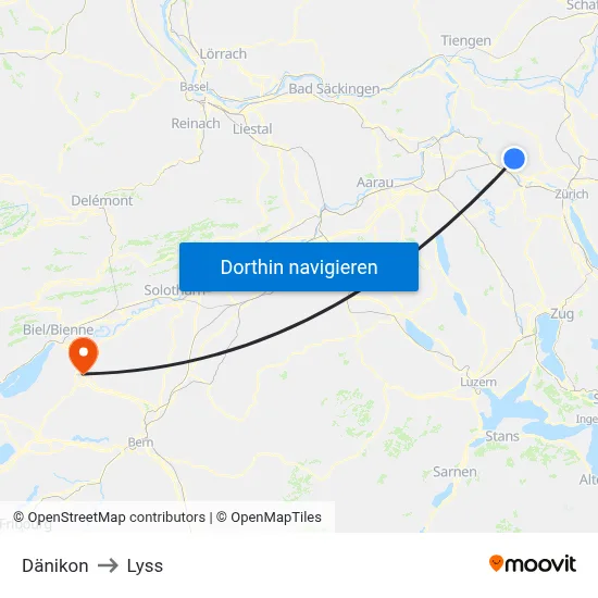 Dänikon to Lyss map