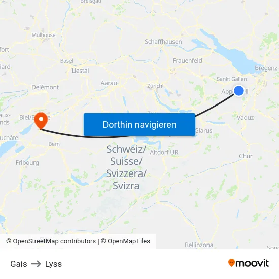 Gais to Lyss map