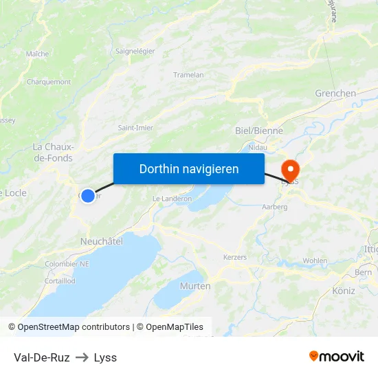 Val-De-Ruz to Lyss map