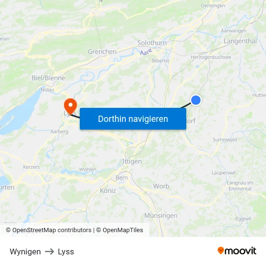 Wynigen to Lyss map