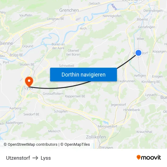 Utzenstorf to Lyss map