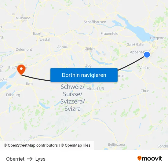 Oberriet to Lyss map