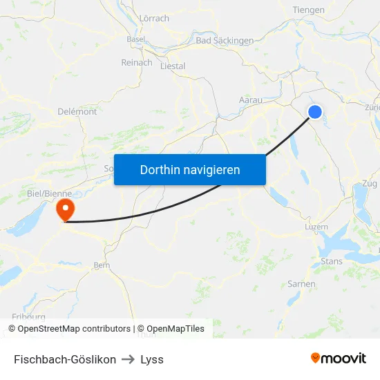 Fischbach-Göslikon to Lyss map