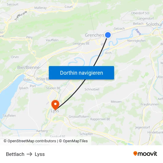 Bettlach to Lyss map