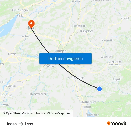 Linden to Lyss map