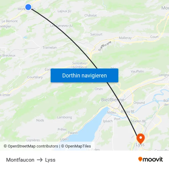 Montfaucon to Lyss map