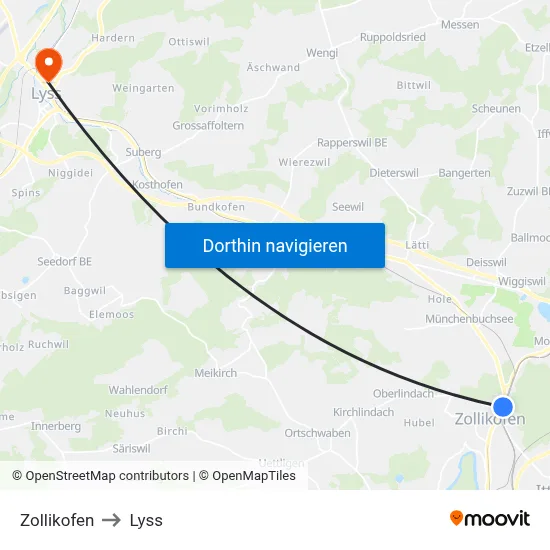 Zollikofen to Lyss map