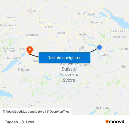 Tuggen to Lyss map