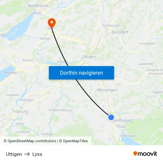 Uttigen to Lyss map