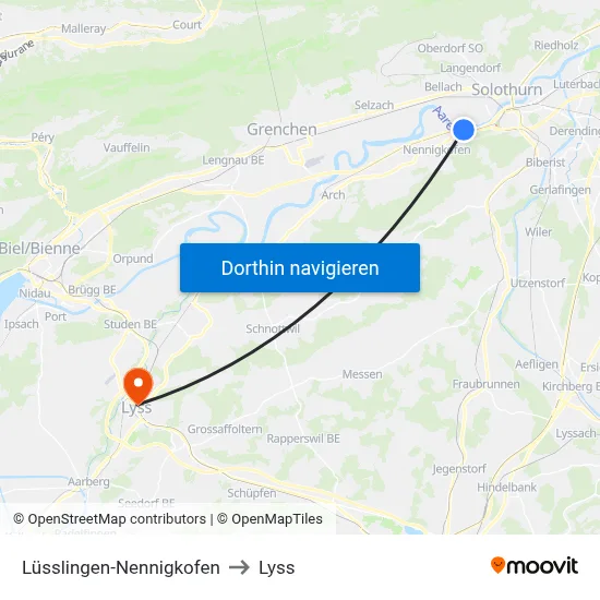 Lüsslingen-Nennigkofen to Lyss map