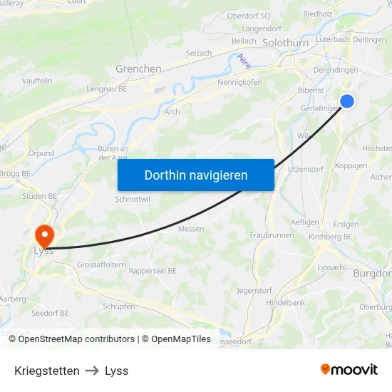 Kriegstetten to Lyss map