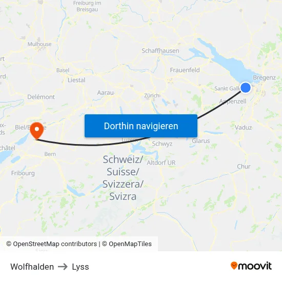 Wolfhalden to Lyss map