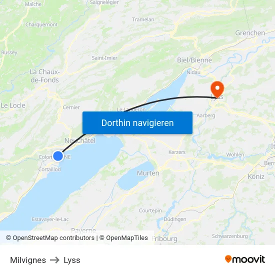 Milvignes to Lyss map