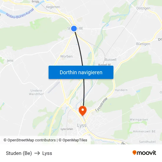 Studen (Be) to Lyss map
