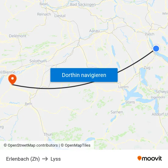Erlenbach (Zh) to Lyss map