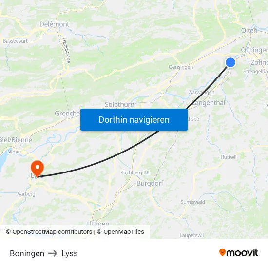 Boningen to Lyss map