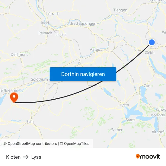 Kloten to Lyss map
