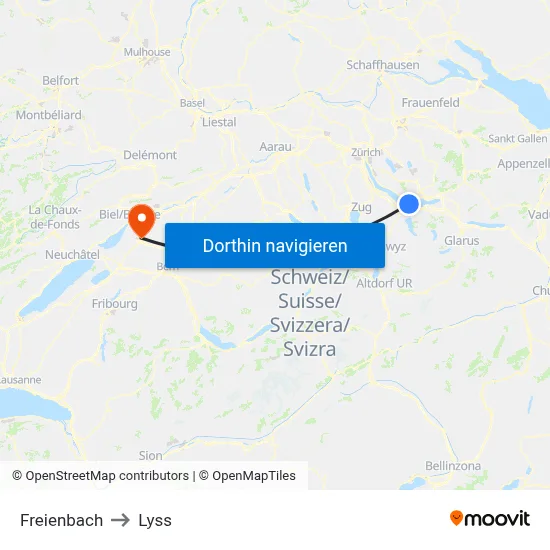 Freienbach to Lyss map