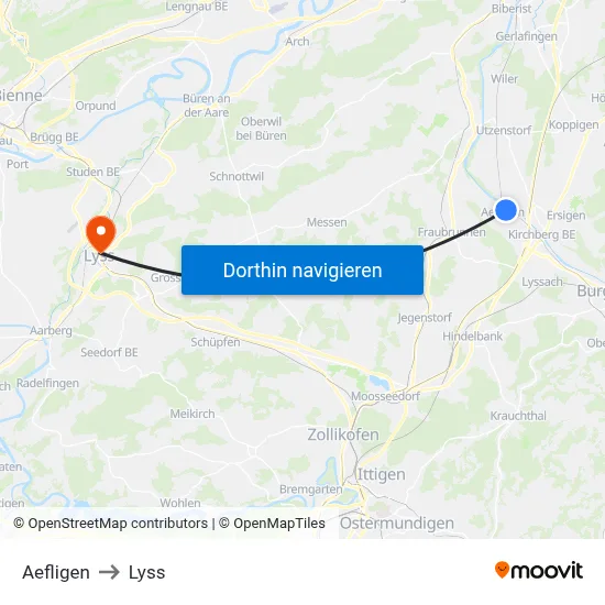 Aefligen to Lyss map