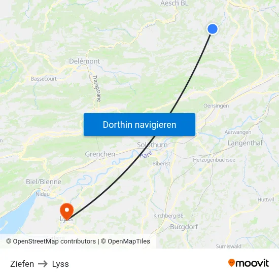 Ziefen to Lyss map