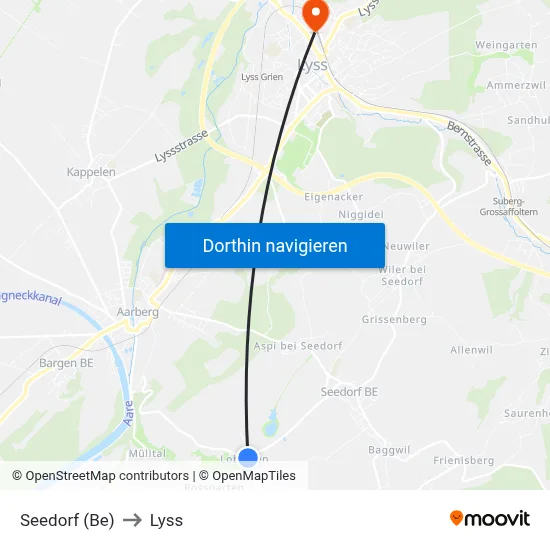 Seedorf (Be) to Lyss map