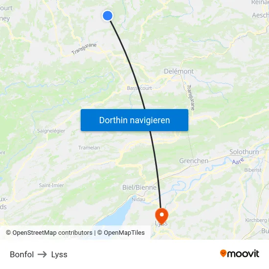 Bonfol to Lyss map