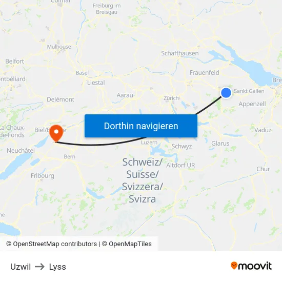 Uzwil to Lyss map