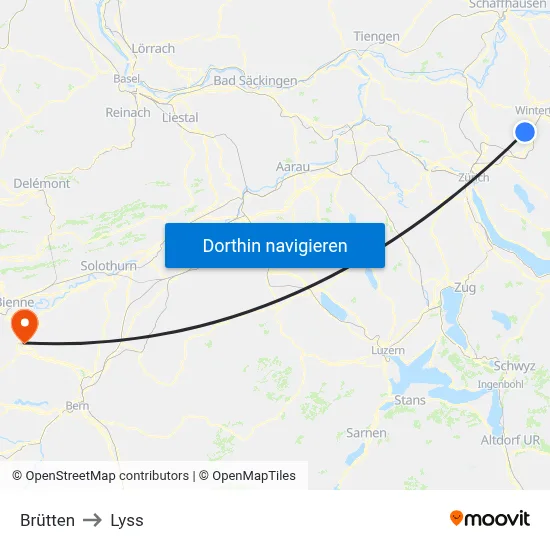 Brütten to Lyss map