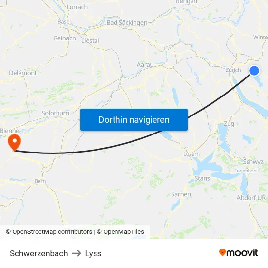 Schwerzenbach to Lyss map