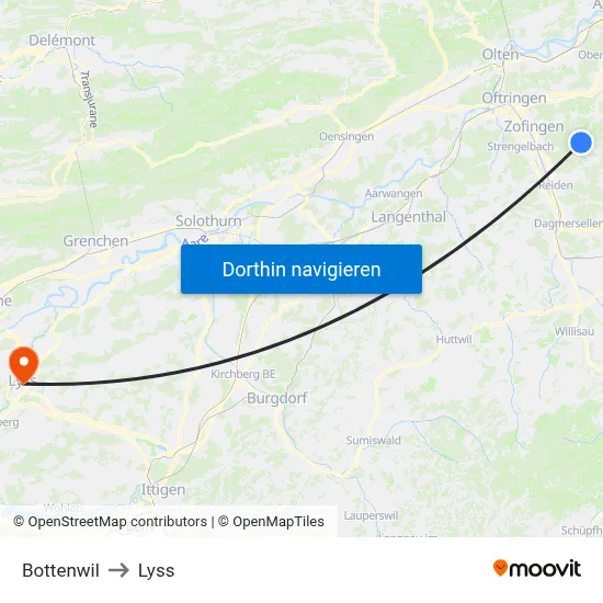 Bottenwil to Lyss map