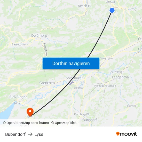 Bubendorf to Lyss map