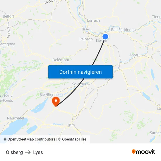 Olsberg to Lyss map