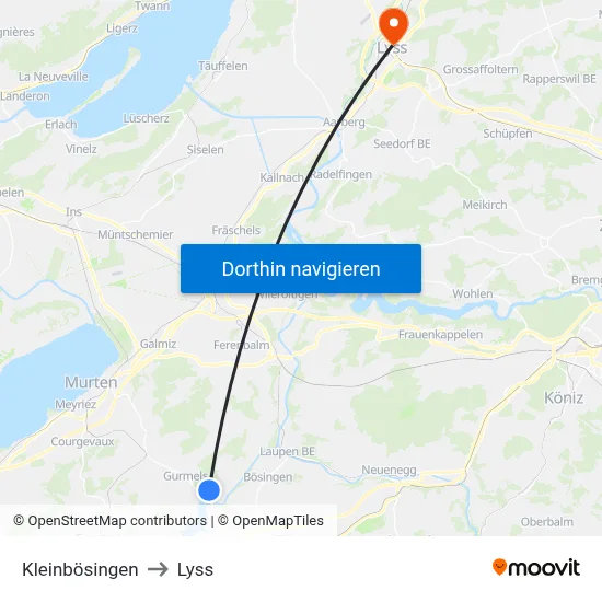 Kleinbösingen to Lyss map