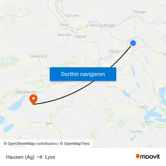 Hausen (Ag) to Lyss map