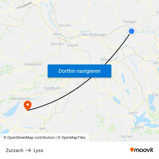Zurzach to Lyss map