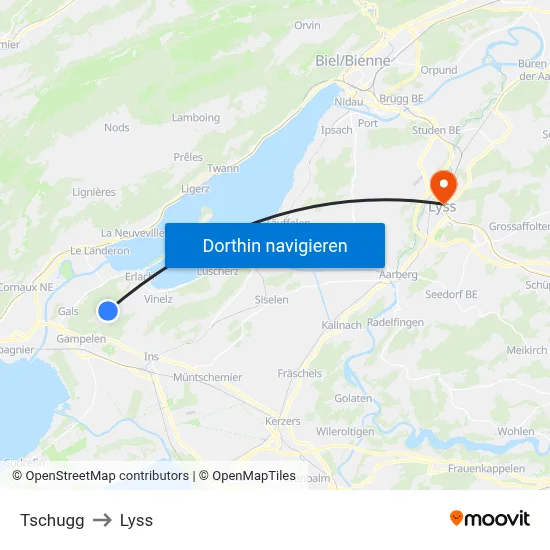 Tschugg to Lyss map