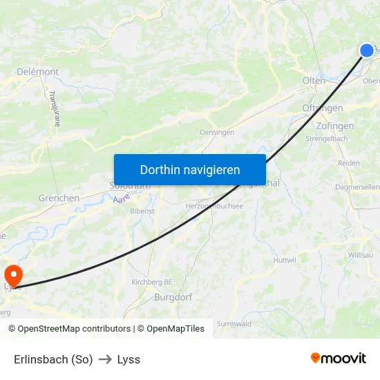 Erlinsbach (So) to Lyss map