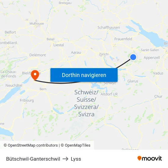 Bütschwil-Ganterschwil to Lyss map