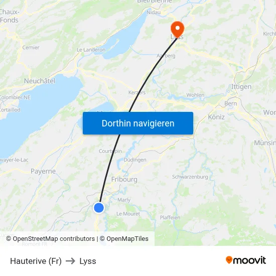 Hauterive (Fr) to Lyss map