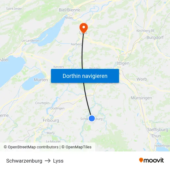 Schwarzenburg to Lyss map