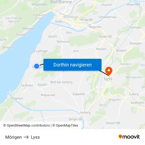 Mörigen to Lyss map